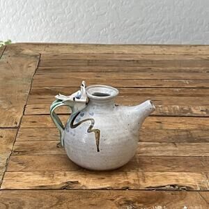 Studio Art Pottery Clay Teapot 4" Beige Speckled Glaze Flower Handle